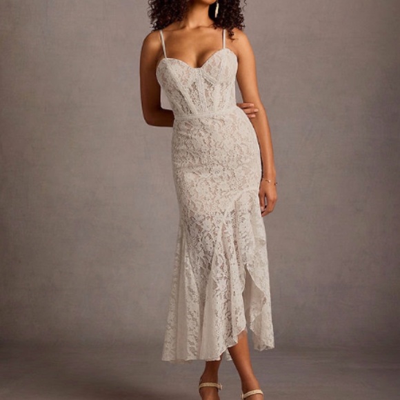 Azazie Dresses & Skirts - Kaira Cream Lace Corset Midi Dress with Spaghetti Straps (removable)